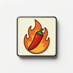 a square enamel pin of a retro minimalist hot jalapeno on fire flames