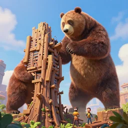 giant bear attacking wooden tree skyscraper, octane render, 3 d pixar disney digital cgi rtx hdr painting, highly detailed, artstation cgsociety masterpiece, by syd mead, greg rutkowski, wlop, artger
