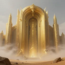 an anthropomorphic beautiful ultradetailed futuristic civilisation in a desert, gold, mist, fog,, dungeon temple gate, lower view, fine art, award winning, intricate, elegant, sharp focus, octane render, hyperrealistic, cinematic lighting, highly detailed, digital painting, 8 k concept art, art by jamie hewlett and z. w. gu, masterpiece, trending on artstation, 8 k