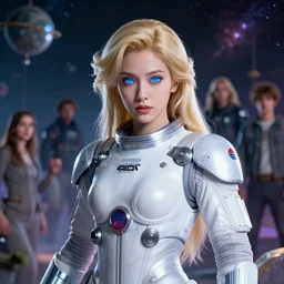 studio portrait of an absurdly beautiful divine celestial japanese female goddess with blonde hair and glowing royal blue eyes in luxurious space suit in a scenic multiversal environment by james jean, amano yoshitaka, marc simonetti, jean giraud, martine johanna, josan gonzalez, peter mohrbacher, smooth, sharp focus, octane render