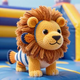 a closeup photorealistic photograph of a cute knitted barracuda lion in a bouncy castle. intricate stitching. professional capture. brightly lit scene. this 4 k hd image is trending on artstation, featured on behance, well - rendered, extra crisp, features intricate detail, epic composition and the style of unreal engine.