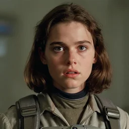 full - color cinematic movie still from the 1 9 7 9 film alien starring young phoebe cates as lieutenant ripley. detailed facial - features ; suspense ; action.