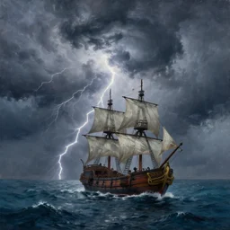 a painting of a thunderstorm in the sea, a pirate boat in the middle, dramatic, photorealistic render, octane