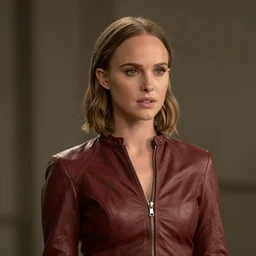 youthful natalie portman blade runner demure, exquisite features, feminine cut, frontiers in flight leather suit,