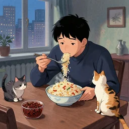 city hermit hikikomori in russia eats pilaf and pets a cat in his room art by greg rutkowski