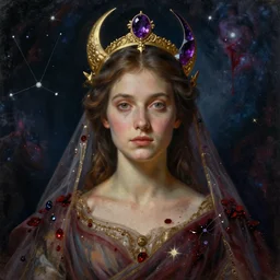 breathtaking detailed soft painting of full shot night queen with a golden headpiece, amethyst crescent headpiece, detailed realistyc symmetrical facial features? gauze dress draped of blood and constellations and nebulae in the background, rembrandt style, elegant, highly detailed, artstation, concept art, matte, sharp focus, art by tom bagshaw, seb mckinnon and greg rutkowski