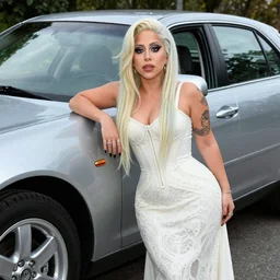 an incredible short lady gaga next to a massive car