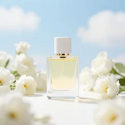 centered bright perfume bottle sitting on a white clean surface surrounded by a plethora of white flowers upfront, with dreamy bright blue sky and clouds in the background, softly - lit, soft - warm, zen, light, modern minimalist f 2 0 clean