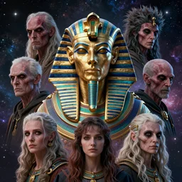 8 k headshot portrait of scary godlike annunaki pharaoh, beautiful galaxy background by craig mullins, ilya kuvshinov, krenz cushart, epic, artgerm trending on artstation by edward hopper and dan mumford and wlop and rutkovsky, beksinski carl spitzweg moebius and tuomas kocar, intricate artwork by caravaggio, unreal engine 5,