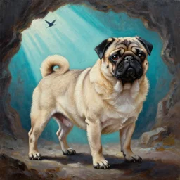 textured full body of muscular pug dog  with backlight , sun rays , big shadows, small bird sihouettes  in cyan background , very textured detailed  panoramic oil painting by beksinski , hard backlight , in dark cave