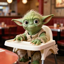yoda wearing a tutu sitting in a high chair at a table in the restaurant outback steakhouse, annoyed, 3 5 mm, f / 2. 8