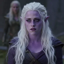 Kristen Stewart as a Drow Elf wizard with white hair and purple skin. Screenshots from the D&D movie adaptation.