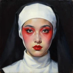 hyperrealism oil painting, complete darkness background, close - up face portrait from up, nun fashion model, red paint on face, in style of classicism mixed with 8 0 s sci - fi japanese books art