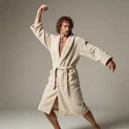 richard iv the roman king, excited real human wearing beige bathrobe, soft studio lighting, sigma lens photo, he is dancing