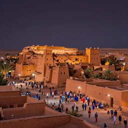 in the middle of a adobe house kasbah town, mud and brick houses, merchant street, pueblo architecture, colorful crowd, festival. Scenic view at night, underexposed, clean horizon, matte painting by raphael lacoste and marc simonetti and craig mullins and christophe vacher, trending on artstation, 4k, intricate details