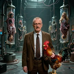saul goodman and a rooster in a lovecraftian futuristic body disassembly chamber, scary machines and wires connected to suspended bodies on tubes in the background, saul goodman, rooster, real life photo