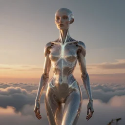 biblical beautiful extraterrestrial female android, bright glowing veins, in clouds, sunset, portrait, studio light, by gerald brom, by peter elson, muted colors, extreme detail, reflections, trending on artstation, 8 k
