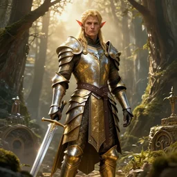 standing elf with armor with golden and silver colors of rivendel and a curve long sword in full bod and detailed face, epic masterpiece of cinematographic hyperrealism, realistic shaded lighting poster by craig mallismo, artgerm, jeremy lipkin and michael garmash, unreal engine, radiant light, detailed and intricate environment, digital art, art station trends