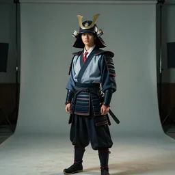 asian school wearing a samurai headgear cosplay, standing lonely in film studio background, soft light, photorealistic, art by artgerm and greg rutkowski