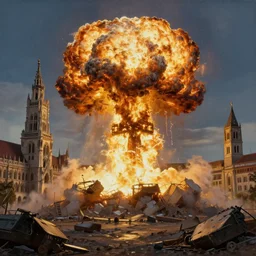 , city of munich!!!, nuclear explosion!!!, nuclear strike!!!, rubble, hyperrealistic, highly detailed, cinematic, golden sunlight, beautiful, cgssociety, artstation, 8 k, oil painting by greg rutkowski, by artgerm, by wlop