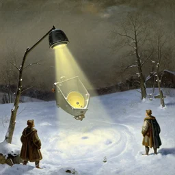 teleportation machine in a snowy landscape, light shining from the machine and illuminating the snow by edwin austin abbey and brian froud, style of dutch golden age