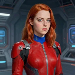 attractive teenage emma stone wearing red futuristic jumpsuit with blue collar, futuristic space station at background, character portrait, concept art, intricate details, highly detailed photorealistic portrait in the style of brom and seseon yoon, digital art, realistic painting, sci fi, character design, trending on artstation