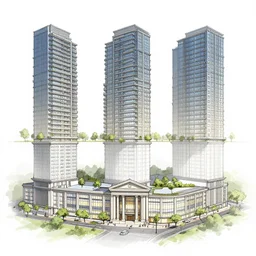five stories of flats above a neo - classical shopping centre, concept art sketch