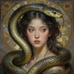 portrait of the strangly beautiful young goddess of snakes, surreal, fantasy, intricate, elegant, dramatic lighting, emotionally evoking symbolic metaphor, highly detailed, lifelike, photorealistic, digital painting, painterly, artstation, concept art, smooth, head in focus, sharp focus, illustration, art by John Collier and Krenz Cushart and Artem Demura and Alphonse Mucha and Albert Aublet,