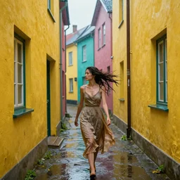a woman in rain, wet dress, hair in the wind, yellow walls, narrow passage, house windows, many colors, highly saturated colors, epic fantasy, Nicodemus Yang-Mattisson, greg rutkowski, Dan Mumford, Peter Mohrbacher, trending on artstation, concept art
