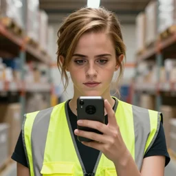 photo, close up, emma watson in a hi vis vest, in warehouse, android cameraphone, 2 6 mm