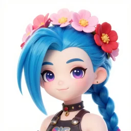 cute portrait of jinx from league of legends with flowers in her hair, blue, light pink and red color scheme. highly detailed, league of legends, artgerm, artstation, soft light, sharp focus, illustration, character design, tv show