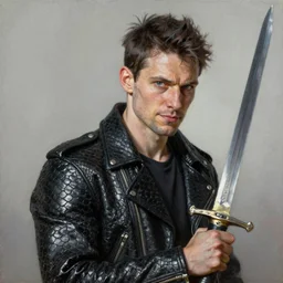 reflective black-scaled thin chaotic neutral DnD man wearing a biker jacket and holding a scimitar, DnD Character, Oil Painting, Greg Rutkowski, head view, beautiful portrait, trending on artstation, character, smug