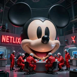 photo of a giant massive large mickey mouse head statue on the lab flow in front of a glowing neon netflix sign, a moody team of test pilots in red jumpsuit in a lab try repair the gnarly mickey mouse head, made by artist beeple, moody scene, dramatic overhead lighting, extreme detailed, beeple render, limited color palette, 4 k octane render, artstation, hyper