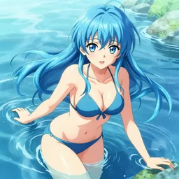 aqua from konosuba in a bikini in the water, a detailed drawing by rei kamoi, trending on pixiv, sots art, official art, anime, ultra detailed