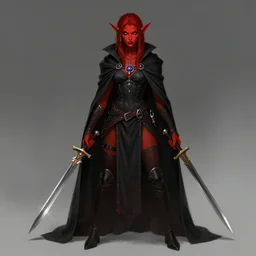 Dungeons and Dragons character art of a female tiefling, red skin, black cloak, holding daggers, trending on artstation