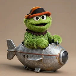 oscar the grouch in a submarine made out of an old metal trash can