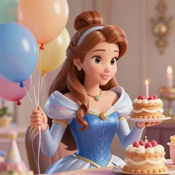 a closeup photorealistic photograph of disney princess sophia at her birthday holding balloons and eating cake. brightly lit scene. this 4 k hd image is trending on artstation, featured on behance, well - rendered, extra crisp, features intricate detail, epic composition and the style of unreal engine.