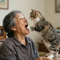 an old woman opening her mouth wide and a cat jumping into it
