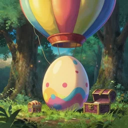 a colorful easter egg as hot air balloon, beautiful ancient trees, hiding large treasure chest, serene evening atmosphere, soft lens, soft light, cel - shading, animation, in the style of cgsociety, deviantart, artstation, zbrush, cinema 4 d, studio ghibli, akihiko yoshida, atelier lulua, masamune shirow