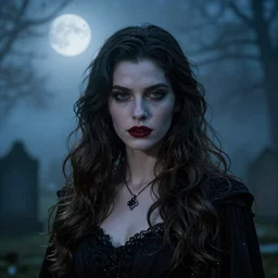 portrait brunette PANDORA, Captivating, Noble, New Tales of the Vampires character, Highgate cemetery, face centred, fog, volumetric lighting, beautiful, blueish moonlight, sharp focus, ultra detailed, cgsociety