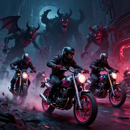 motorbikers race in hell, pursued by demons, beksinski and tristan eaton, dark neon trimmed beautiful dystopian digital art