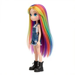 sally from the nightmare before christmas with rainbow hair, sally, soft eyes and narrow chin, dainty figure, long hair straight down, torn overalls, short shorts, combat boots, basic white background, side boob, symmetrical, single person, style of by jordan grimmer and greg rutkowski, crisp lines and color,