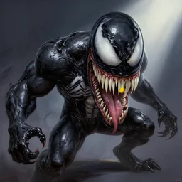venom fused with deadshot yellow eye open mouth spotlight, ultra realistic digital painting by greg rutkowski