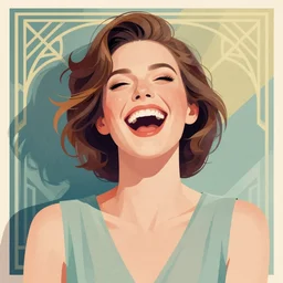 illustration portrait of a woman laughing out loud, art deco painting by tom whalen, funny meme photo, trending on behance, digital illustration, storybook illustration, grainy texture, flat shading, vector art, airbrush, pastel, watercolor, poster