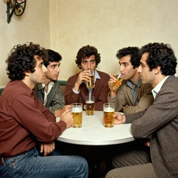 trending on flickr, by Taravat Jalali Farahani, 1970s, 1990s, colorized, dada, a colorized photo, a group of people sitting at a table with a glass of beer
