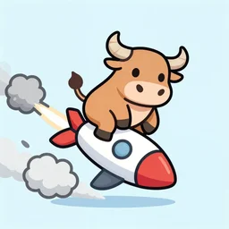 a cartoon bull riding a rocket there there is a trail of smoke coming from the rocket the bull has twisted smile, cell shaded, flat lighting, drop shadows