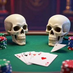 💀 vs 👽 in poker, 4 k hdr photograph, taken by king of photo taking, 3 d render, super detailed, mega detailed, depth of field, blender, maya, rtx on
