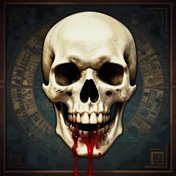 skull centered facing the camera, blood pouring out from its mouth, mortal kombat map background