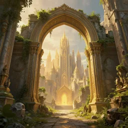 overgrown ruined archway into a magical city, beautiful, intricate, detailed, golden light, 3 d render, 8 k