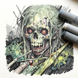 fine detail, colorful black ink & copic markers, vibrant muted colors, disturbing grunge still of a [ lovecraftian demon infested ] [ living dead doll ], [ mystic, shamanic and psychedelic lsd trippy dreamy art ], by arthur adams, by tom bagshaw, by henry asencio, by kikuchi hideyuki